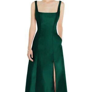 Alfred Sung Hunter Green Square Neck Satin A-Line Gown D826